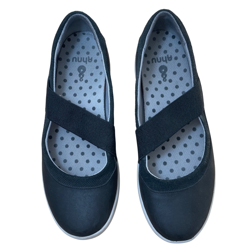 Ahnu Karma Black Leather Suede Mary‎ Jane Elastic Strap Flats Shoes Womens 8